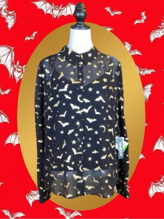 Modcloth Tops - ModCloth NWT Goth Punk Black Gold 2 Piece Sheer Bat & Celestial Print Blouse XL